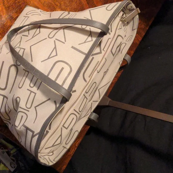Via Spiga Gray Logo Zip Top Tote Bag Coated Canvas Leather Straps HP 3-28-25